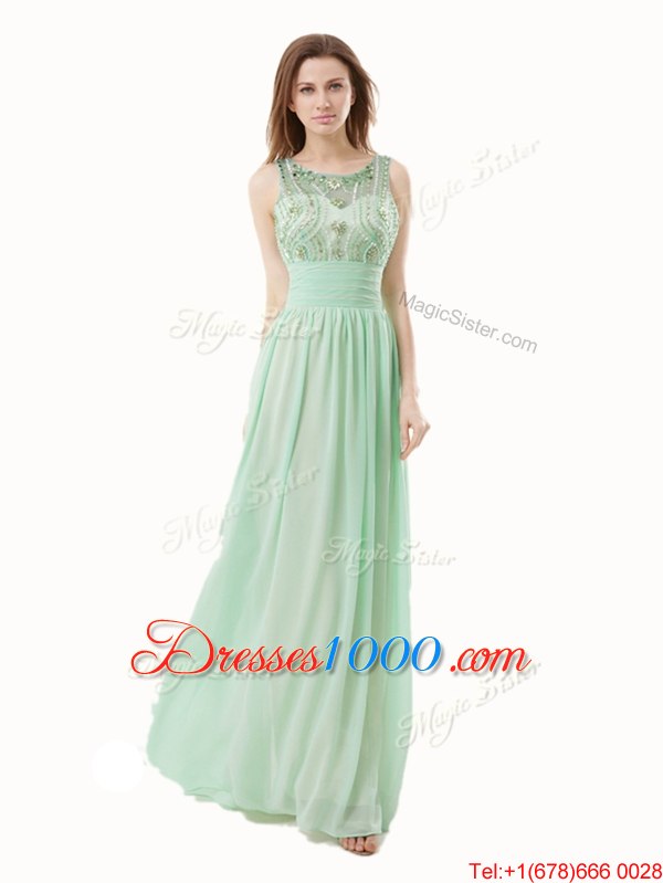 Lovely Scoop Floor Length Zipper Womens Evening Dresses Apple Green and In for Prom with Beading and Bowknot