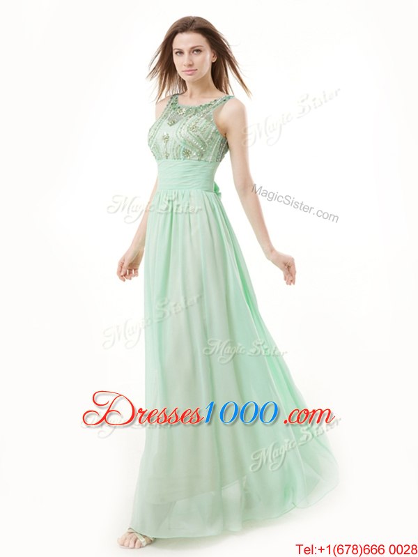 Lovely Scoop Floor Length Zipper Womens Evening Dresses Apple Green and In for Prom with Beading and Bowknot