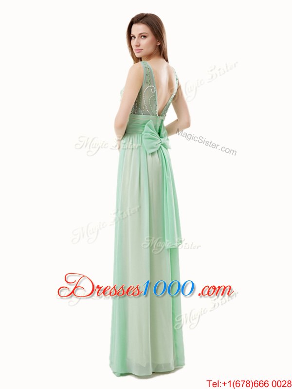 Lovely Scoop Floor Length Zipper Womens Evening Dresses Apple Green and In for Prom with Beading and Bowknot