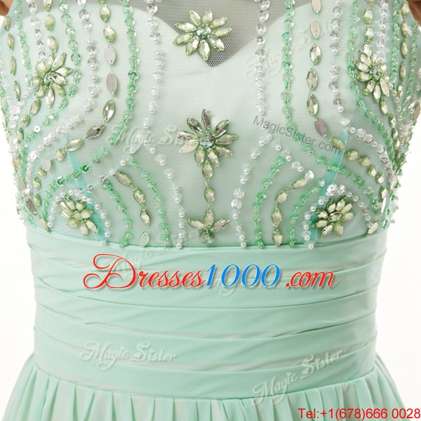 Lovely Scoop Floor Length Zipper Womens Evening Dresses Apple Green and In for Prom with Beading and Bowknot