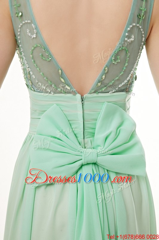 Lovely Scoop Floor Length Zipper Womens Evening Dresses Apple Green and In for Prom with Beading and Bowknot