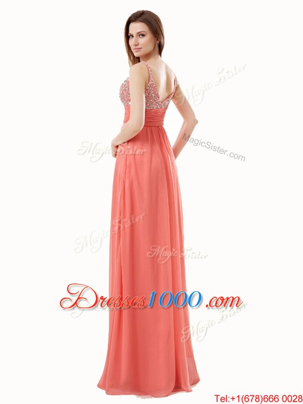 Custom Designed Floor Length Side Zipper Womens Evening Dresses Watermelon Red and In for Prom with Beading