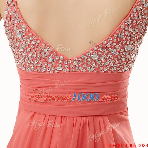 Custom Designed Floor Length Side Zipper Womens Evening Dresses Watermelon Red and In for Prom with Beading