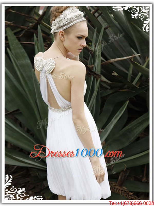 High Class White Column/Sheath V-neck Sleeveless Chiffon Knee Length Criss Cross Ruching Party Dress for Girls