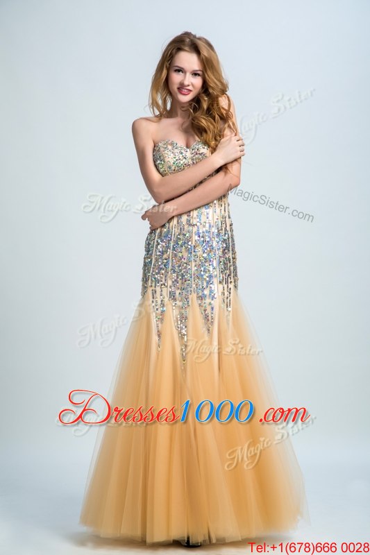 Sumptuous Sequins Strapless Sleeveless Zipper Prom Dress Gold Tulle and Sequined