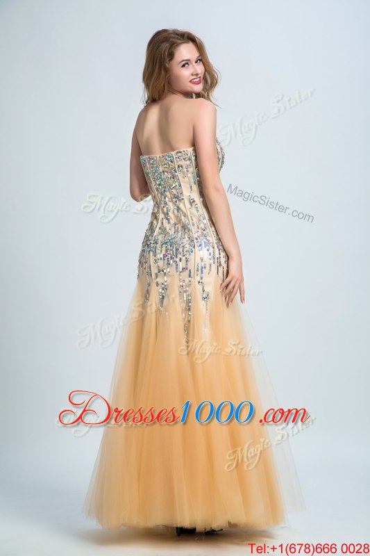 Sumptuous Sequins Strapless Sleeveless Zipper Prom Dress Gold Tulle and Sequined