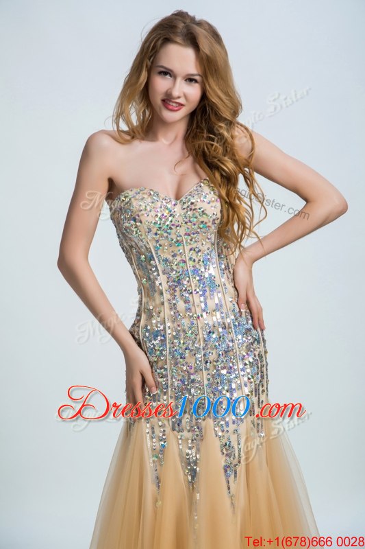 Sumptuous Sequins Strapless Sleeveless Zipper Prom Dress Gold Tulle and Sequined
