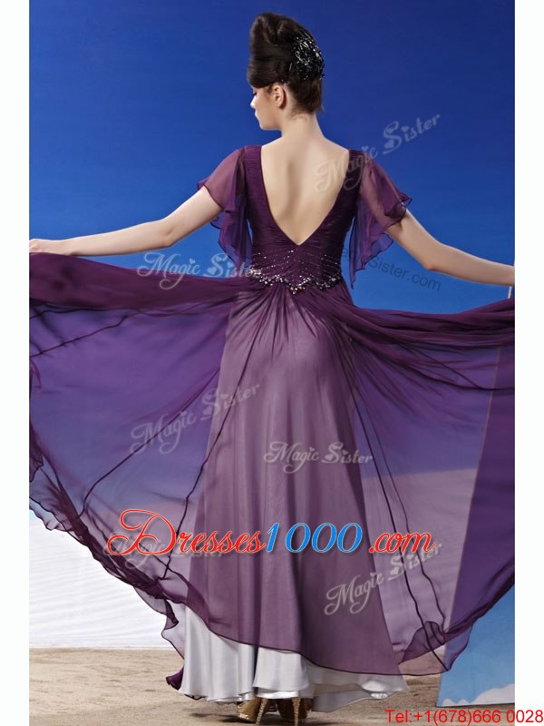 Luxurious Beading and Ruching Prom Dress Dark Purple Side Zipper Short Sleeves Ankle Length