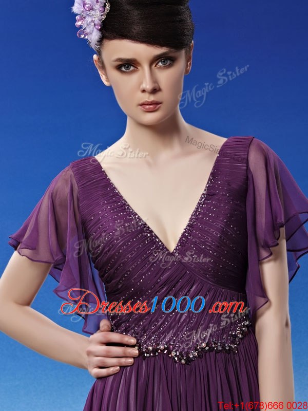Luxurious Beading and Ruching Prom Dress Dark Purple Side Zipper Short Sleeves Ankle Length