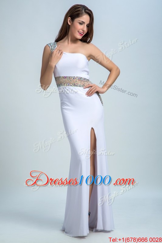 One Shoulder White Side Zipper Evening Gowns Beading Sleeveless Floor Length