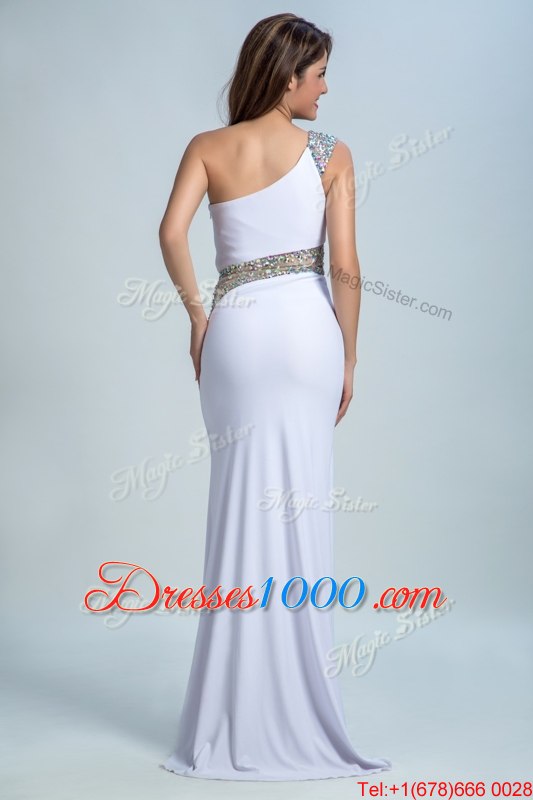 One Shoulder White Side Zipper Evening Gowns Beading Sleeveless Floor Length
