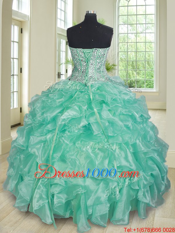 Apple Green Lace Up Sweetheart Beading and Ruffles 15 Quinceanera Dress Organza Sleeveless