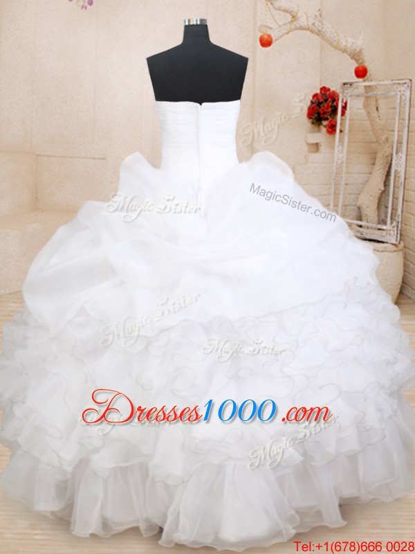 Pretty White Organza Zipper Sweetheart Sleeveless Floor Length 15 Quinceanera Dress Beading and Ruffles and Pick Ups