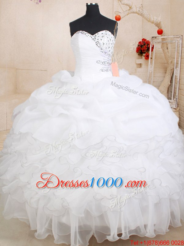 Pretty White Organza Zipper Sweetheart Sleeveless Floor Length 15 Quinceanera Dress Beading and Ruffles and Pick Ups