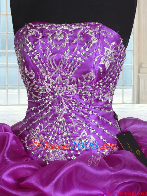 Super Floor Length Eggplant Purple Quince Ball Gowns Organza Sleeveless Beading and Embroidery and Pick Ups