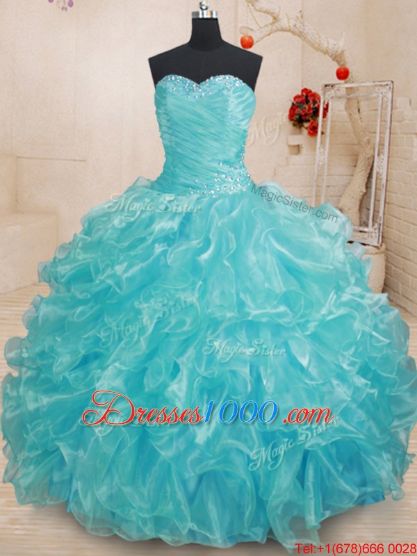 Luxurious Aqua Blue Ball Gowns Organza Sweetheart Sleeveless Beading and Ruffles Floor Length Lace Up Quinceanera Gowns