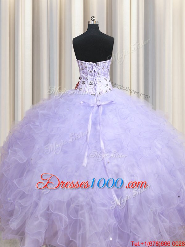 Graceful Sweetheart Sleeveless Quinceanera Gowns Floor Length Beading and Ruffles Lavender Tulle