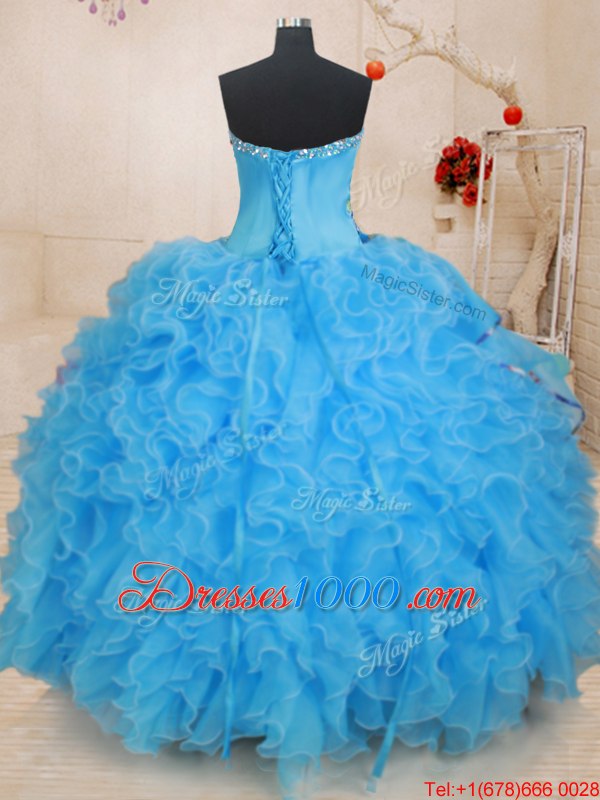 Fine Floor Length Lace Up Sweet 16 Dresses Baby Blue and In for Military Ball and Sweet 16 and Quinceanera with Beading and Ruffles and Pattern