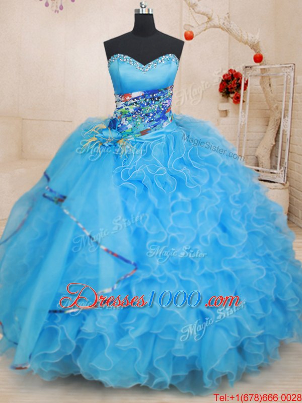 Fine Floor Length Lace Up Sweet 16 Dresses Baby Blue and In for Military Ball and Sweet 16 and Quinceanera with Beading and Ruffles and Pattern