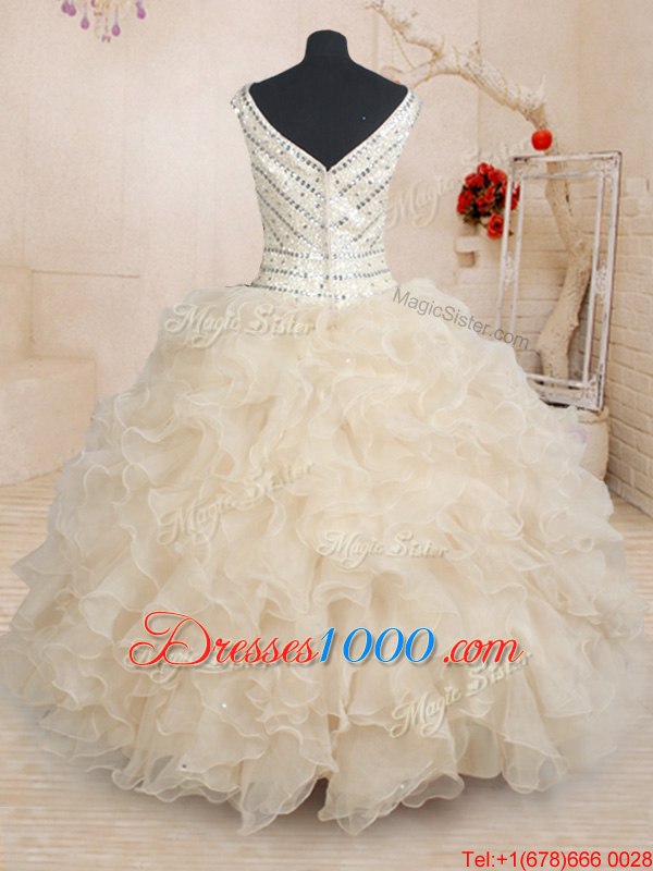 Sequins Floor Length Ball Gowns Cap Sleeves Champagne Quince Ball Gowns Zipper