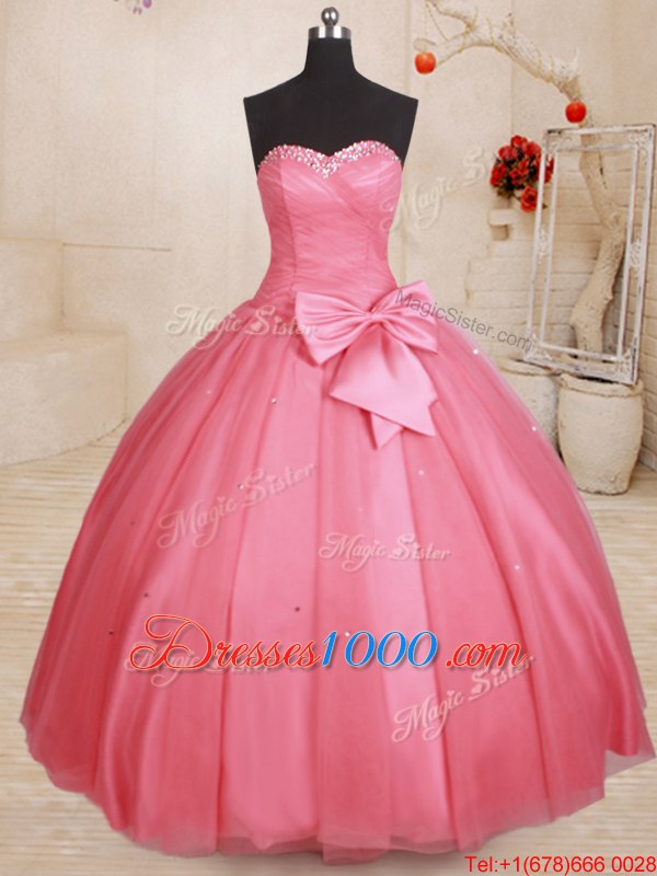 Delicate Tulle Sweetheart Sleeveless Lace Up Beading and Bowknot 15 Quinceanera Dress in Pink