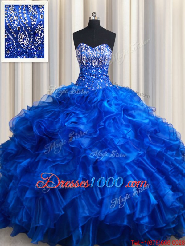 Luxurious Royal Blue Sweet 16 Dresses Military Ball and Sweet 16 and Quinceanera and For with Beading and Ruffles Sweetheart Sleeveless Brush Train Lace Up