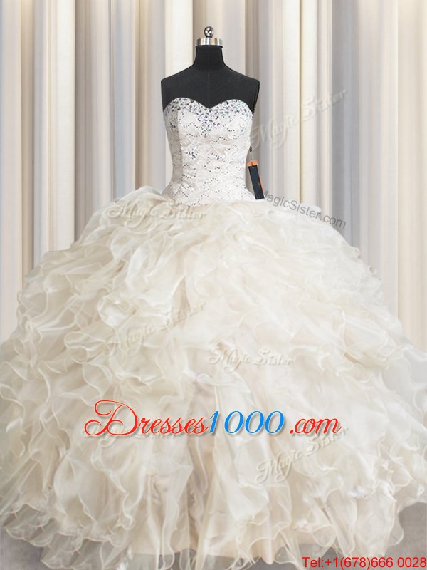 Custom Design Ball Gowns Sweet 16 Dresses Champagne Sweetheart Organza Sleeveless Floor Length Lace Up