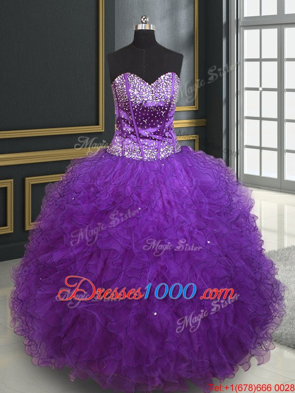 Sleeveless Organza Floor Length Lace Up Quinceanera Dresses in Pink for with Beading and Ruffles