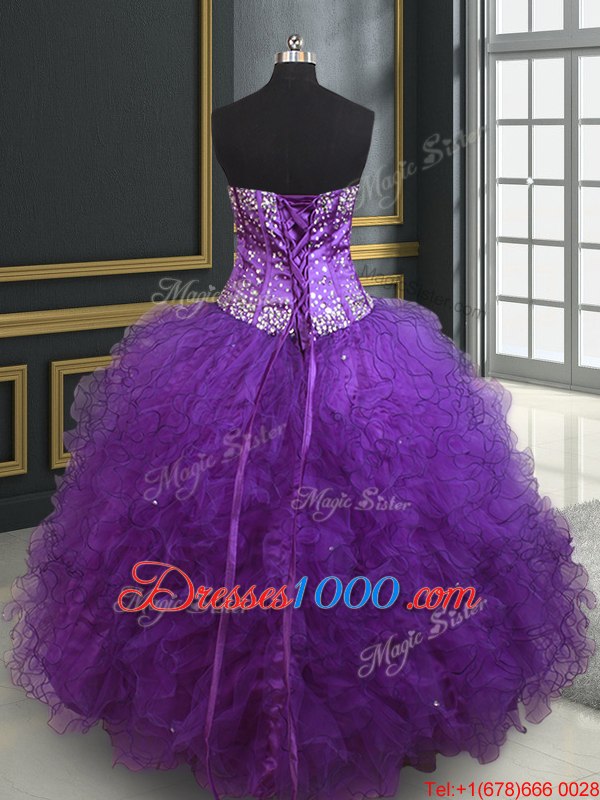 Sleeveless Organza Floor Length Lace Up Quinceanera Dresses in Pink for with Beading and Ruffles