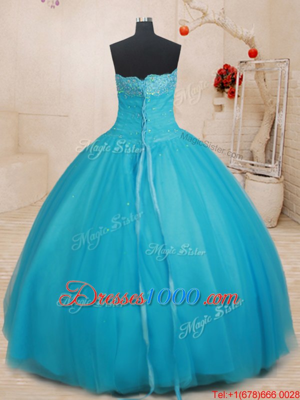 Beautiful Scalloped Aqua Blue Sleeveless Floor Length Beading Lace Up Ball Gown Prom Dress