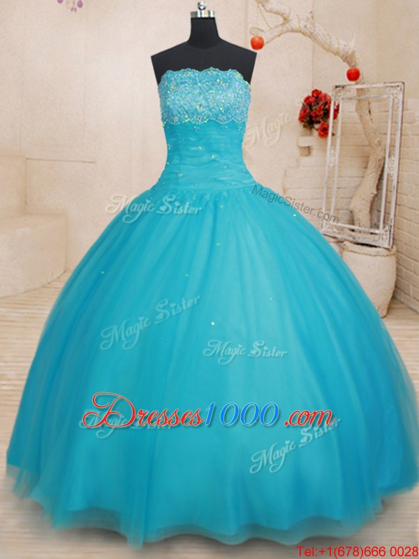 Beautiful Scalloped Aqua Blue Sleeveless Floor Length Beading Lace Up Ball Gown Prom Dress
