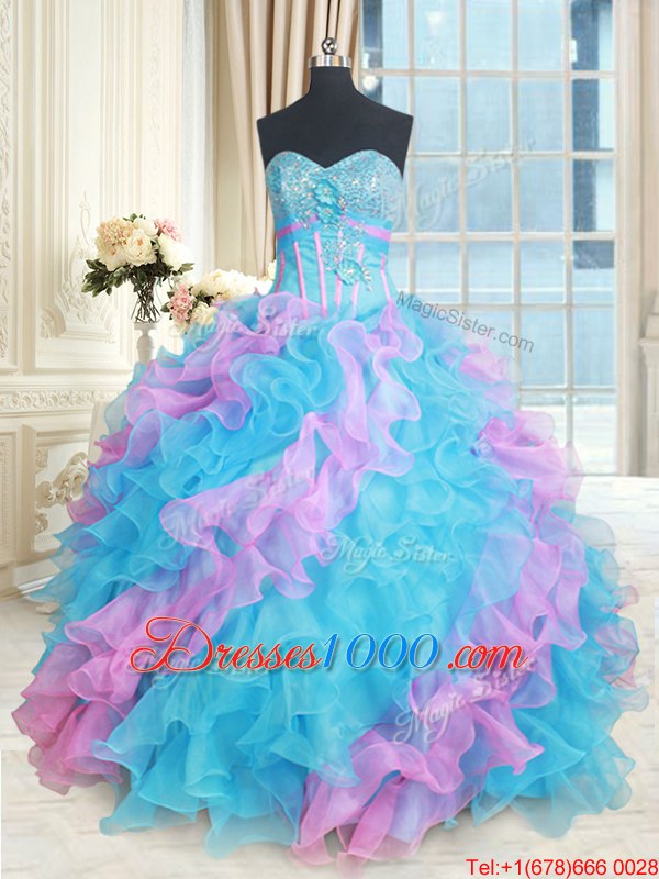 Multi-color Quinceanera Gown Military Ball and Sweet 16 and Quinceanera and For with Beading and Appliques and Ruffles Sweetheart Sleeveless Lace Up