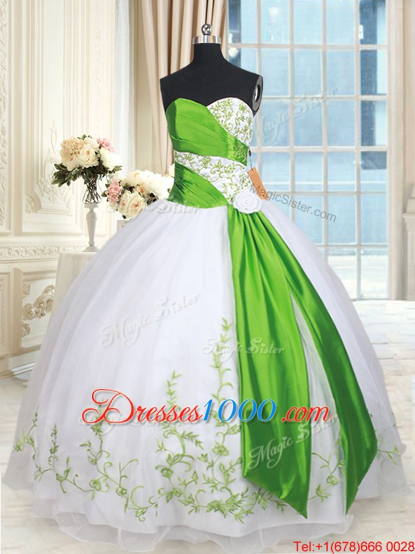 White and Green Lace Up Quinceanera Gowns Embroidery and Belt and Hand Made Flower Sleeveless Floor Length