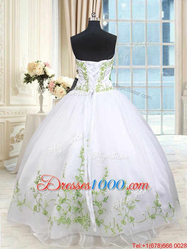 White and Green Lace Up Quinceanera Gowns Embroidery and Belt and Hand Made Flower Sleeveless Floor Length
