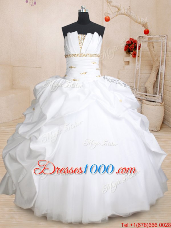 Scoallped White Sleeveless Floor Length Beading and Pick Ups Lace Up Quinceanera Gowns