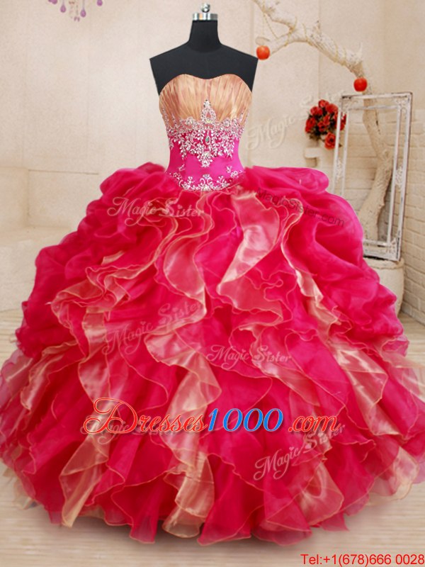 Sweetheart Sleeveless Lace Up Quinceanera Gown Red Organza