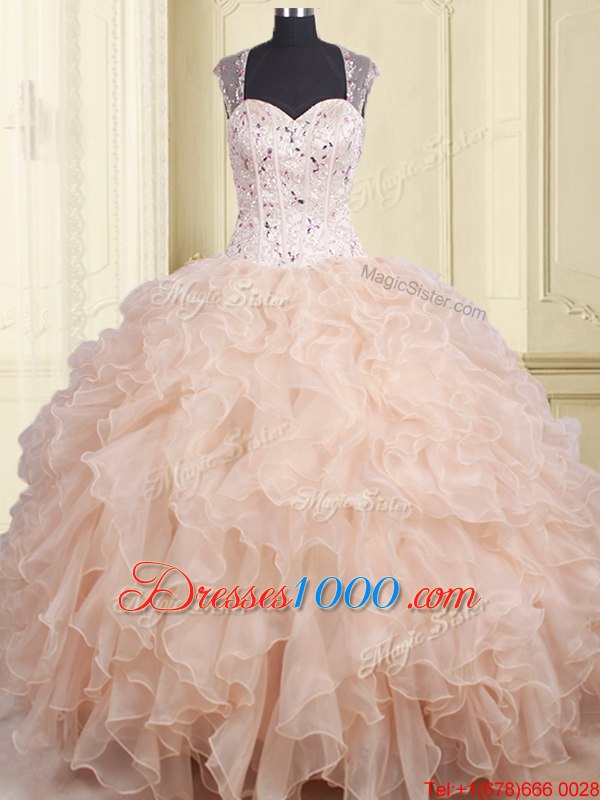 Hot Sale Straps Straps Pink Zipper 15th Birthday Dress Beading and Ruffles Cap Sleeves Floor Length
