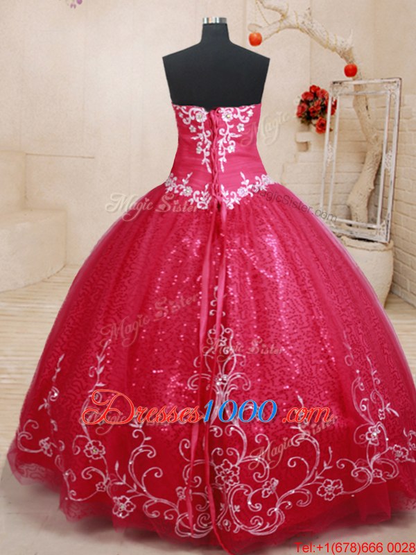 Hot Selling Coral Red Tulle Lace Up Sweet 16 Quinceanera Dress Sleeveless Floor Length Beading and Appliques and Embroidery