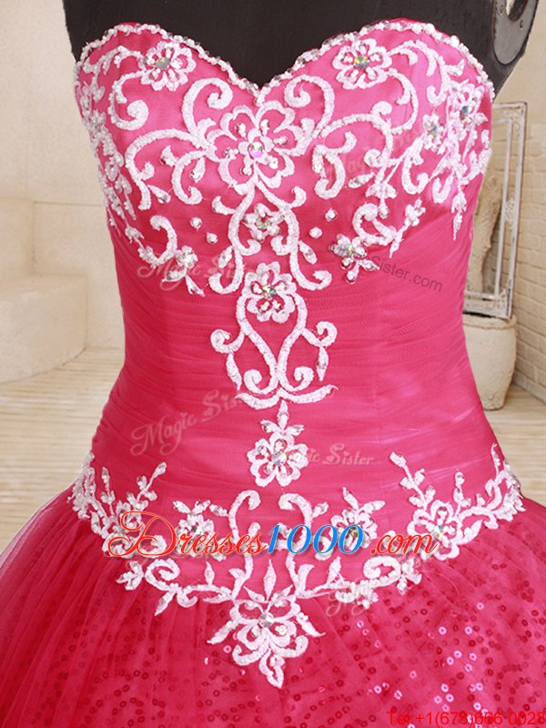 Hot Selling Coral Red Tulle Lace Up Sweet 16 Quinceanera Dress Sleeveless Floor Length Beading and Appliques and Embroidery