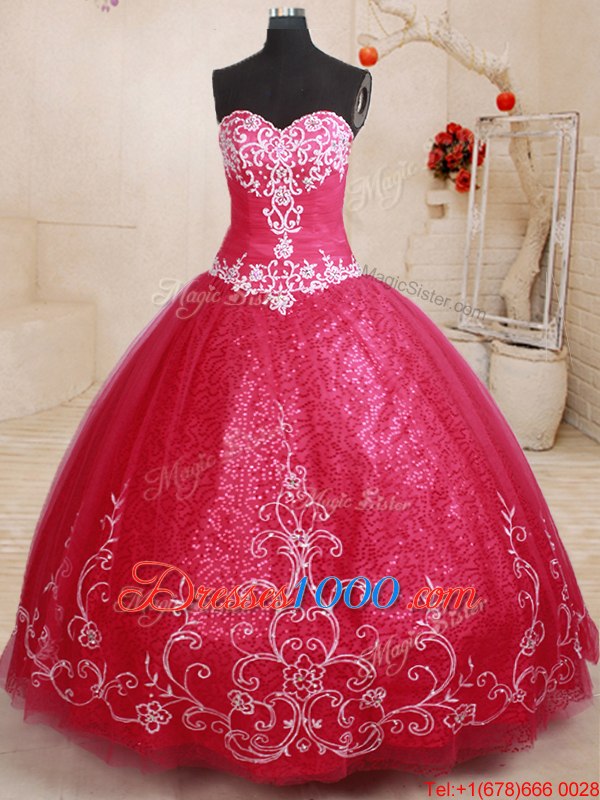 Hot Selling Coral Red Tulle Lace Up Sweet 16 Quinceanera Dress Sleeveless Floor Length Beading and Appliques and Embroidery