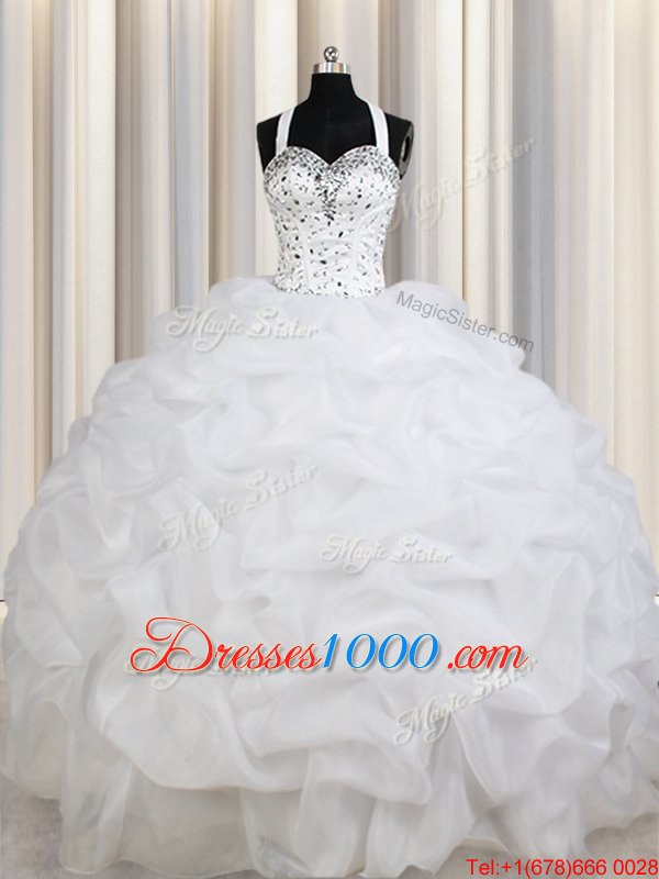 Colorful White Ball Gowns Organza Straps Sleeveless Beading and Ruffles and Pick Ups Floor Length Lace Up Quinceanera Gowns