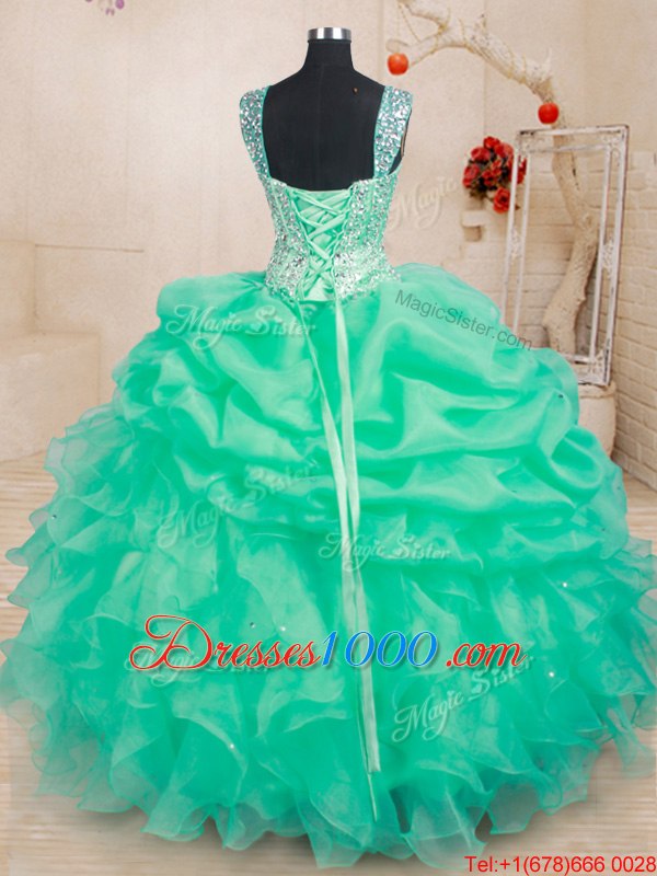 Affordable Turquoise Organza Lace Up Straps Sleeveless Floor Length Quinceanera Dresses Beading and Ruffles and Pick Ups