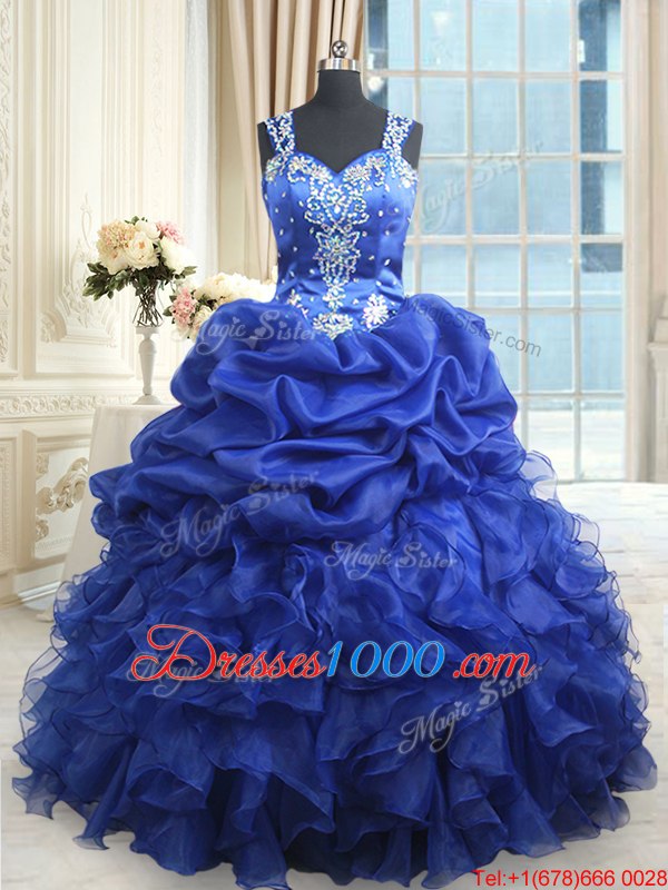 Straps Straps Organza Sleeveless Floor Length Sweet 16 Quinceanera Dress and Beading and Ruffles and Pick Ups