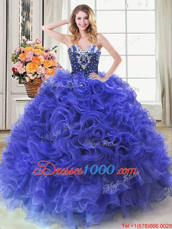 Deluxe Floor Length Lace Up Quinceanera Dress Royal Blue and In for Military Ball and Sweet 16 and Quinceanera with Beading and Ruffles