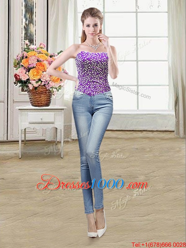 Three Piece Beading Sweet 16 Dresses Purple Lace Up Sleeveless Floor Length