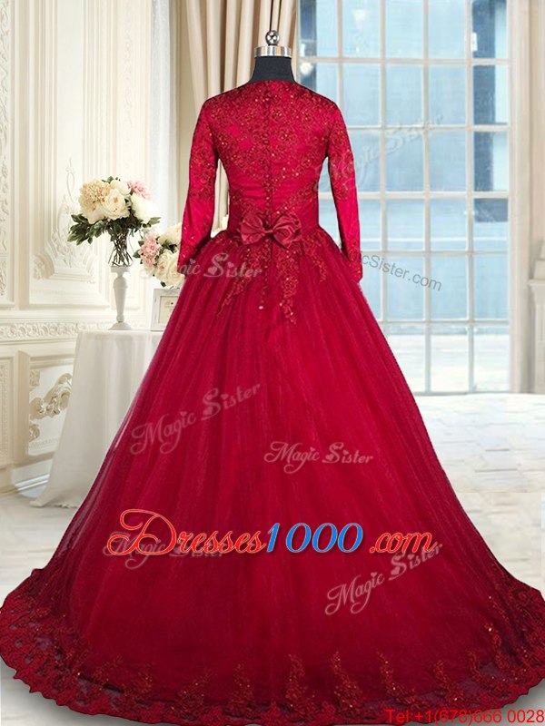 Scoop Long Sleeves Tulle Floor Length Clasp Handle 15th Birthday Dress in Wine Red for with Beading and Lace and Bowknot