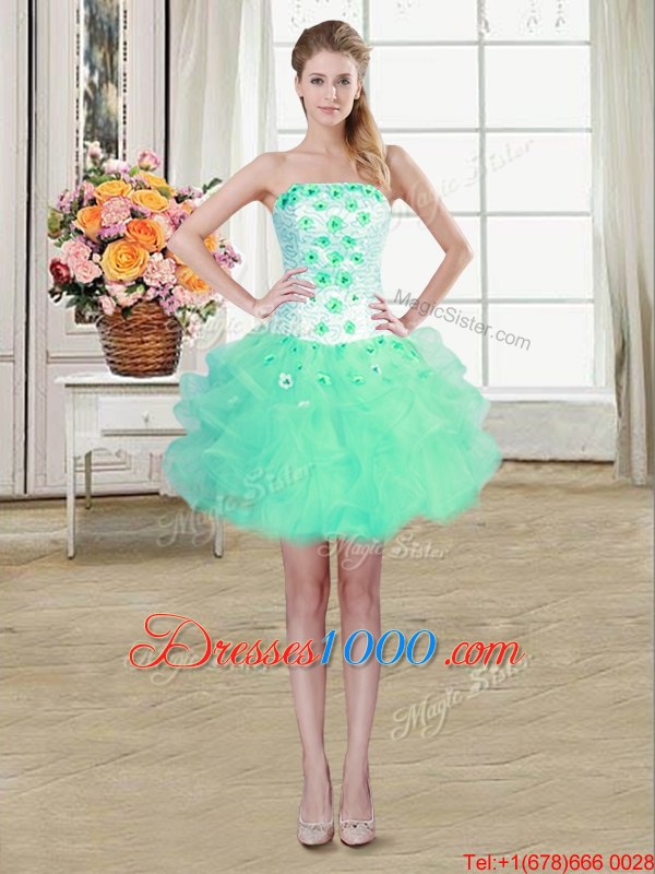 Four Piece Floor Length Turquoise Sweet 16 Dresses Strapless Sleeveless Lace Up