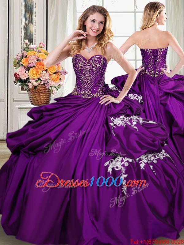 Four Piece Pick Ups Ball Gowns Vestidos de Quinceanera Purple Sweetheart Taffeta Sleeveless Floor Length Lace Up