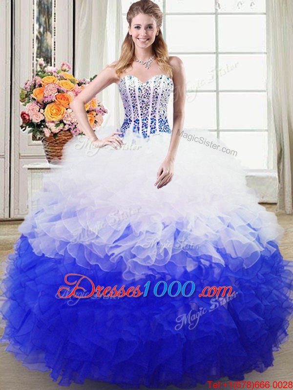 Exceptional Blue And White Sleeveless Floor Length Beading and Ruffles Lace Up Quinceanera Gown