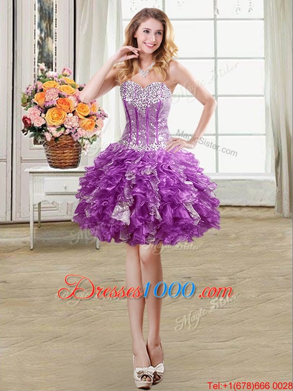 Chic Three Piece Sweetheart Sleeveless Quince Ball Gowns Floor Length Beading and Ruffles and Sequins Purple Organza